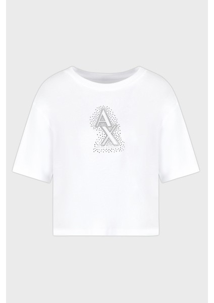 Armani Exchage Pamuk Cropped Fit Bisiklet Yaka Taşlı Logolu T Shirt Bayan T Shirt XW000102 AF10359 U0002 indirimleri