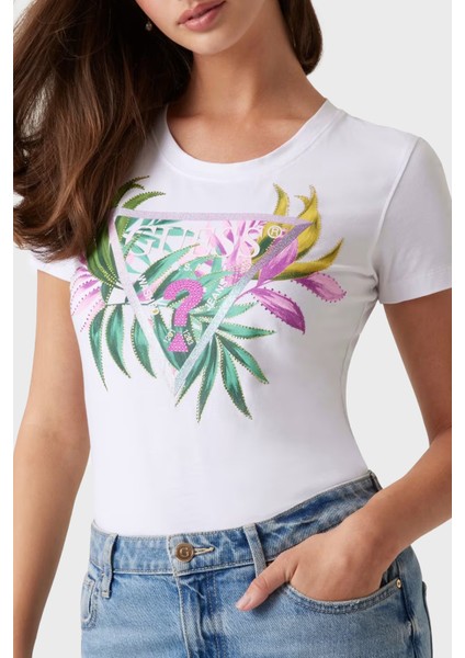 Cn Ss Leaf Streç Pamuklu Desenli ve Taş Detaylı Bisiklet Yaka T Shirt W5GI07J1314 Bayan T Shirt W5GI07 J1314 G011