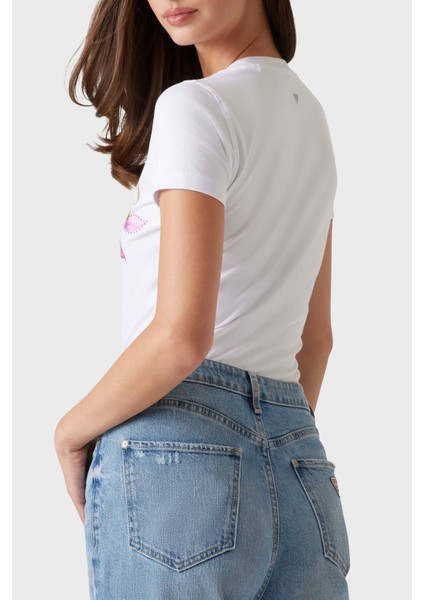 Cn Ss Leaf Streç Pamuklu Desenli ve Taş Detaylı Bisiklet Yaka T Shirt W5GI07J1314 Bayan T Shirt W5GI07 J1314 G011
