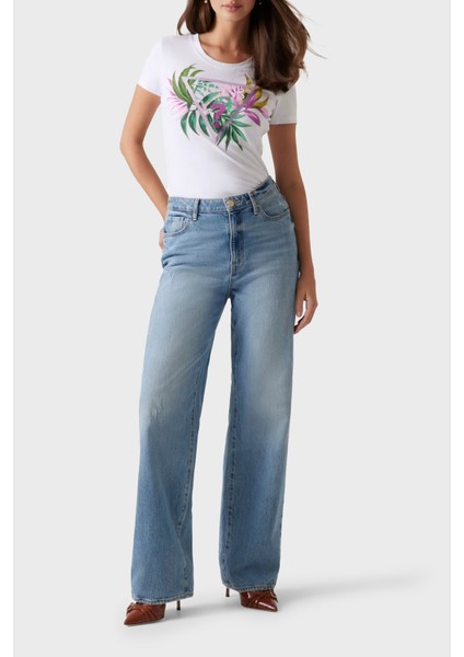 Cn Ss Leaf Streç Pamuklu Desenli ve Taş Detaylı Bisiklet Yaka T Shirt W5GI07J1314 Bayan T Shirt W5GI07 J1314 G011