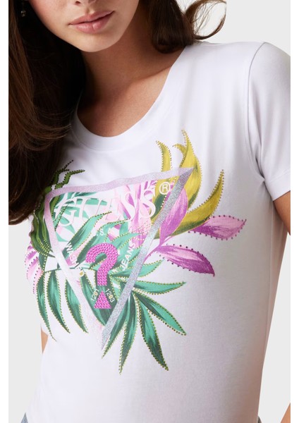 Cn Ss Leaf Streç Pamuklu Desenli ve Taş Detaylı Bisiklet Yaka T Shirt W5GI07J1314 Bayan T Shirt W5GI07 J1314 G011