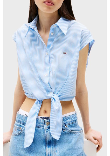 Çizgili Pamuk Relaxed Fit Bağlama Detaylı Crop Gömlek Bayan Gömlek DW0DW20291 C12