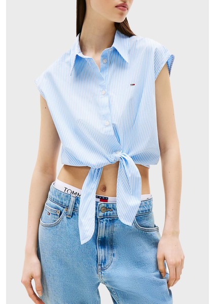 Çizgili Pamuk Relaxed Fit Bağlama Detaylı Crop Gömlek Bayan Gömlek DW0DW20291 C12 modelleri