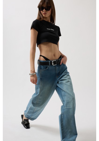 Dikiş Detay Wide Leg Mavi Jean
