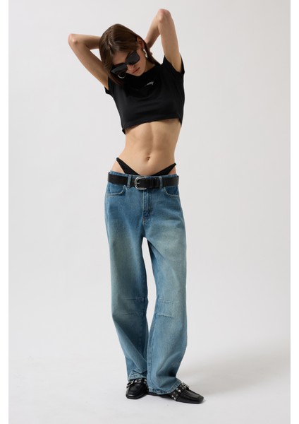 Dikiş Detay Wide Leg Mavi Jean