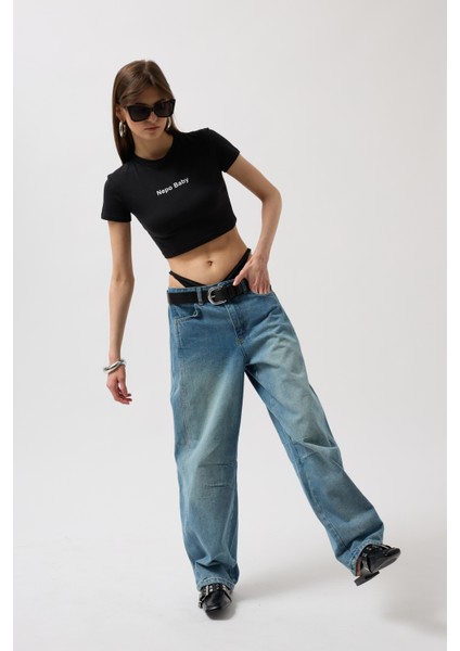 Dikiş Detay Wide Leg Mavi Jean