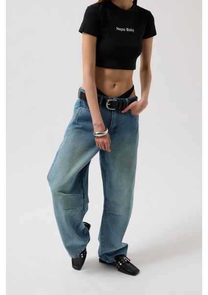 Dikiş Detay Wide Leg Mavi Jean