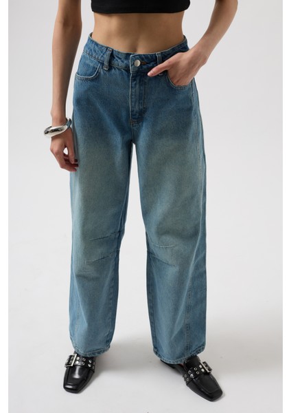 Dikiş Detay Wide Leg Mavi Jean