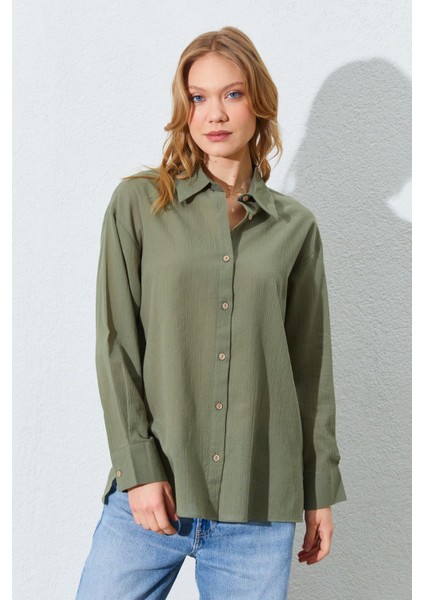 Kadın Lacivert Krınkıl Oversize Gömlek