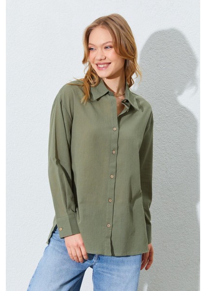 Kadın Lacivert Krınkıl Oversize Gömlek