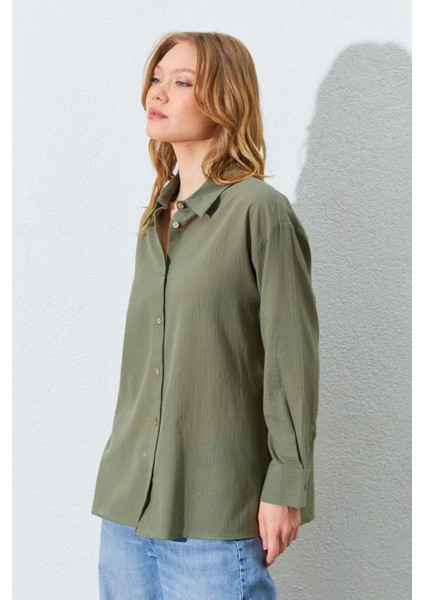 Kadın Lacivert Krınkıl Oversize Gömlek