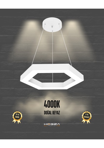 Hexagon (Beyaz Kasa, Doğal Beyaz) Ledli Modern Sarkıt LED Avize Salon Mutfak Oturma Yatak Odası Sarkıt