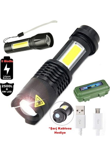 Su Geçirmez Şarjlı El Feneri 2500 Lumens + 5W Cob LED USB Lion Şarjlı Ultra Güçlü Q5 Xpe