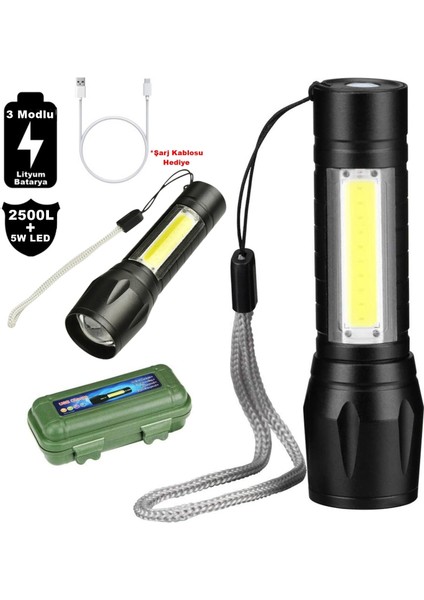 Su Geçirmez Şarjlı El Feneri 2500 Lumens + 5W Cob LED USB Lion Şarjlı Ultra Güçlü Q5 Xpe