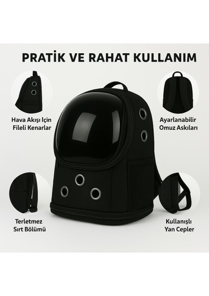 Pratik Yıkanabilir Piramit Model Kedi Köpek Taşıma Çantası Siyah