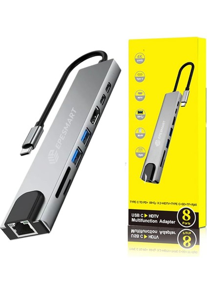 8 Portları 1 Arada USB C Hub Adaptörü, 4K Hdmı, Şarj Cihazı, USB C Bağlantı Noktaları, Sd/micro Sd Kart Okuyucular, Ethernet Bağlantı Noktası, M1 ve M2 Mac Bilgisayarlar Için, Thunderbolt 3