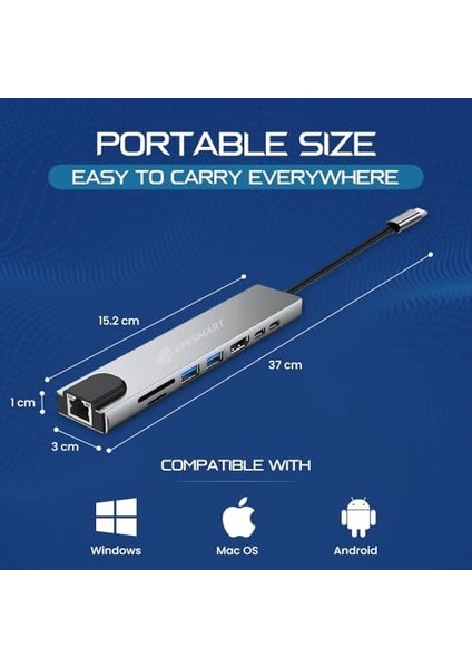8 Portları 1 Arada USB C Hub Adaptörü, 4K Hdmı, Şarj Cihazı, USB C Bağlantı Noktaları, Sd/micro Sd Kart Okuyucular, Ethernet Bağlantı Noktası, M1 ve M2 Mac Bilgisayarlar Için, Thunderbolt 3