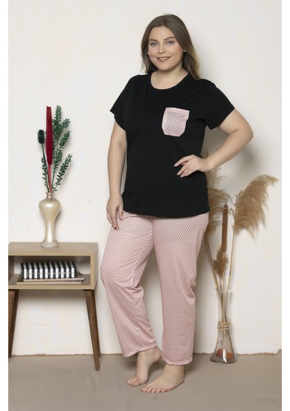 Büyük Beden Pembe Puantiyeli Kısa Kollu Battal Pijama Takımı B-24