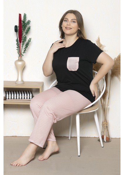 Büyük Beden Pembe Puantiyeli Kısa Kollu Battal Pijama Takımı B-24 modelleri