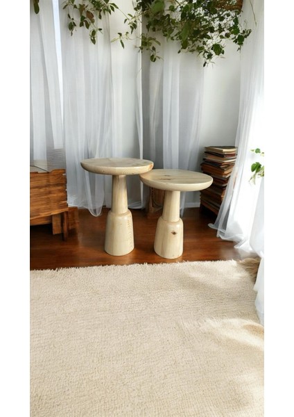 Wood Ahşap 2'li Set Ürgüp Mantar Yan Sehpa Modern Fiskos / Naturel Renk / Zigon Sehpa Vernikli