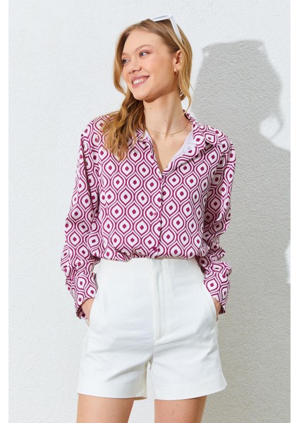 Kadın Bordo Geometrik Desenli Saten Gömlek fiyatları