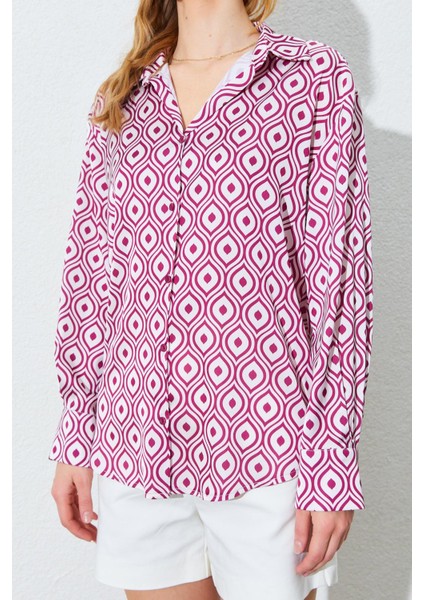 Kadın Bordo Geometrik Desenli Saten Gömlek indirimleri