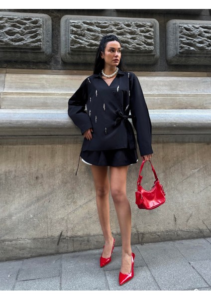 Kadın Siyah Elişi Taşlı Kruvaze Gömlek 29053 modelleri