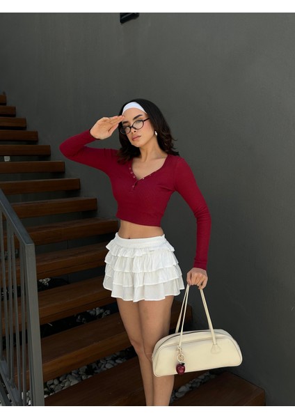 Kadın Bordo Açık Yakalı Çıtçıt Detaylı Uzun Kollu Crop Fitilli Örme Bluz 29128 fırsatları