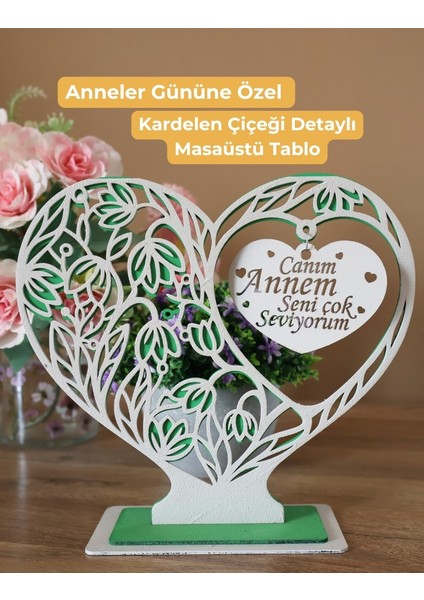 Anneler Gününe Özel Kardelen Çiçeği Detaylı Ahşap Masaüstü Tablo