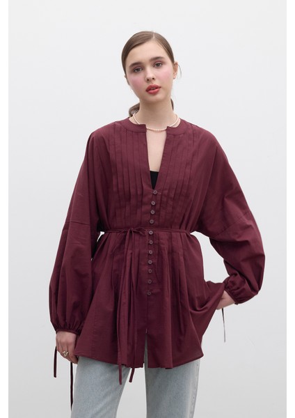 Nervür Detaylı Vual Tunik Bordo modelleri