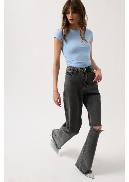 Lazer Kesim Wide Leg Siyah Jean