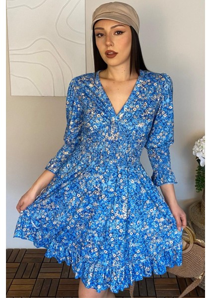 Kadın Truvakar Kol Çiçek Desenli V Yaka Eteği Fırfır Detaylı Yazlık Kısa Elbise