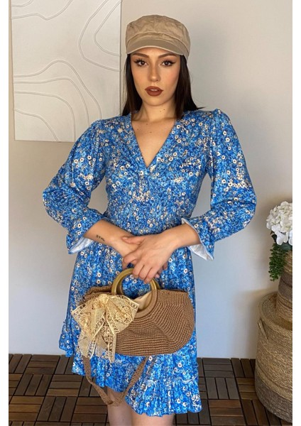 Kadın Truvakar Kol Çiçek Desenli V Yaka Eteği Fırfır Detaylı Yazlık Kısa Elbise fırsatları