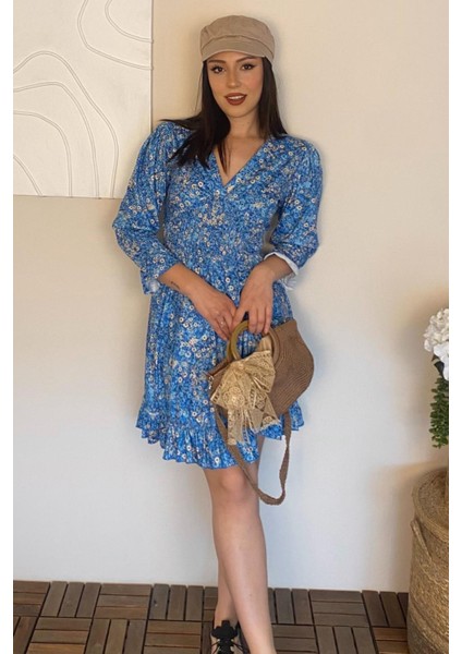 Kadın Truvakar Kol Çiçek Desenli V Yaka Eteği Fırfır Detaylı Yazlık Kısa Elbise indirimleri