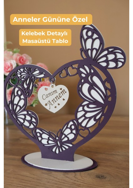 Kelebek Detaylı Anneler Gününe Özel Masaüstü Tablosu Beyaz ve Mor Ahşap