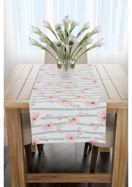 Pembe Yeşil Modern Çiçek Desenli Runner 40X220CM