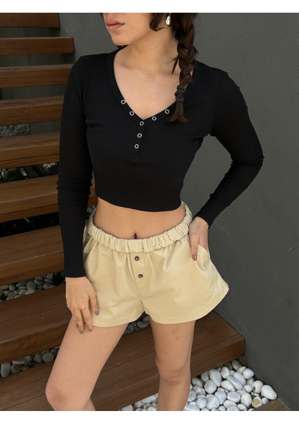 Kadın Siyah Açık Yakalı Çıtçıt Detaylı Uzun Kollu Crop Fitilli Örme Bluz 29128 modelleri