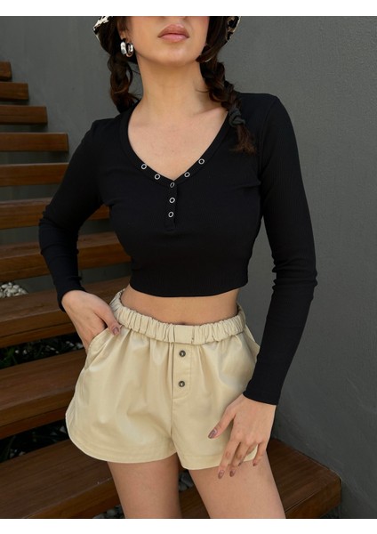 Kadın Siyah Açık Yakalı Çıtçıt Detaylı Uzun Kollu Crop Fitilli Örme Bluz 29128 indirimleri