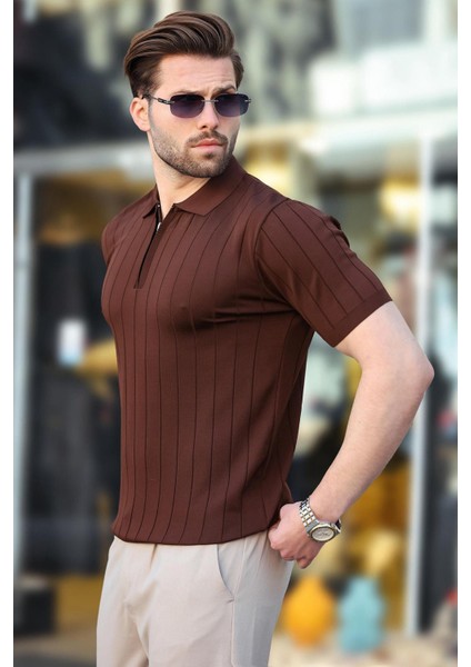 Kahverengi Polo Yaka Fermuarlı Erkek T-Shirt E7298