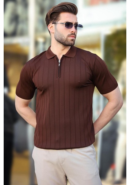 Kahverengi Polo Yaka Fermuarlı Erkek T-Shirt E7298 fiyatları