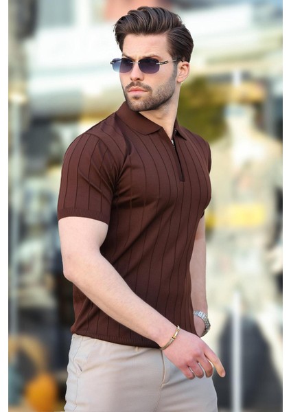 Kahverengi Polo Yaka Fermuarlı Erkek T-Shirt E7298 modelleri