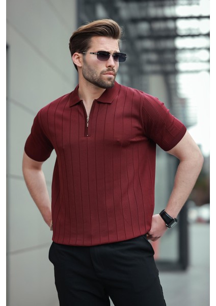 Bordo Polo Yaka Fermuarlı Erkek T-Shirt E7298