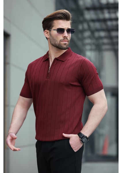 Bordo Polo Yaka Fermuarlı Erkek T-Shirt E7298 fiyatları