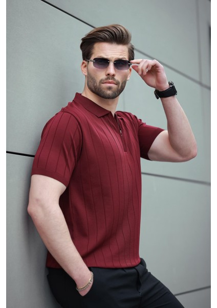 Bordo Polo Yaka Fermuarlı Erkek T-Shirt E7298 modelleri