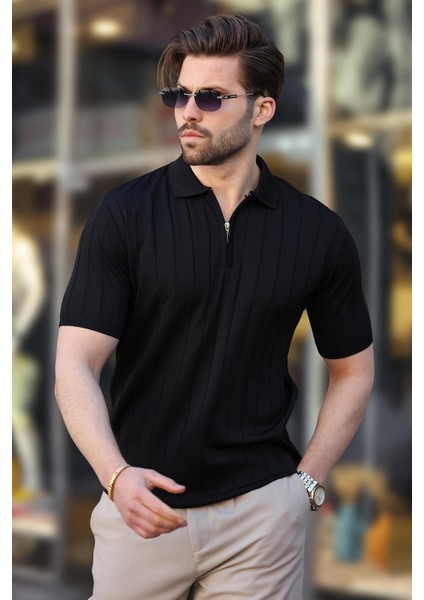 Siyah Polo Yaka Fermuarlı Erkek T-Shirt E7298