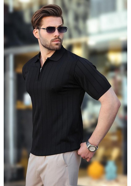 Siyah Polo Yaka Fermuarlı Erkek T-Shirt E7298 fiyatları