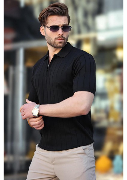 Siyah Polo Yaka Fermuarlı Erkek T-Shirt E7298 fırsatları