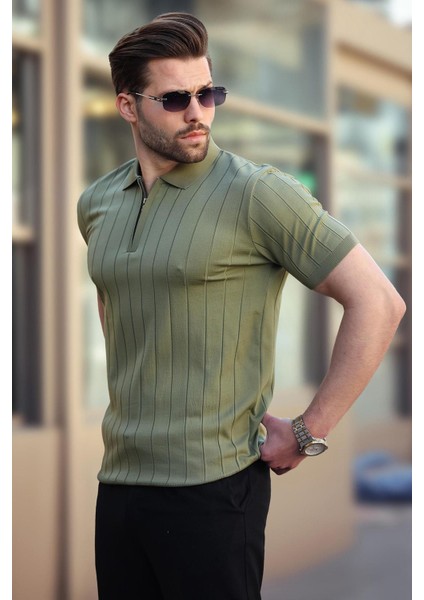 Haki Polo Yaka Fermuarlı Erkek T-Shirt E7298