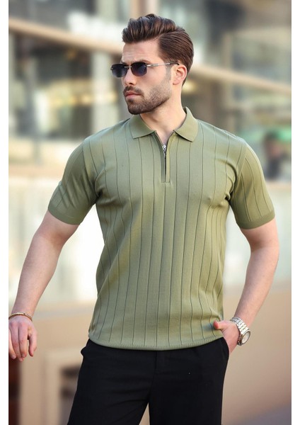 Haki Polo Yaka Fermuarlı Erkek T-Shirt E7298 modelleri