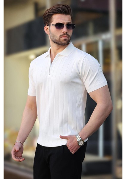 Beyaz Polo Yaka Fermuarlı Erkek T-Shirt E7298